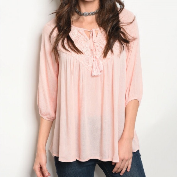 The EVERLIEGH 3/4 Sleeve Boho Pink Peasant Top - Picture 2 of 3
